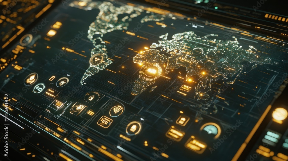 Poster Global Network Data Display Showing World Map