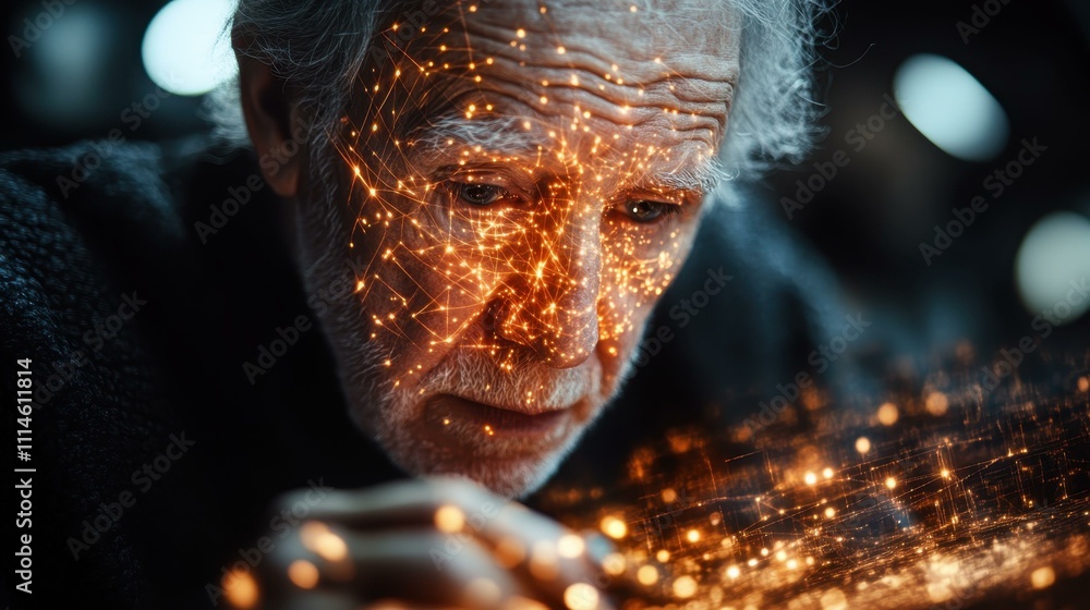 Aufkleber a elderly man creating nfts on a blockchain platform his glowing face blending tech with creativity
