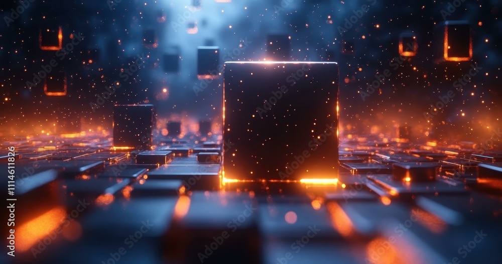 Poster a edgy design futuristic composition featuring glowing cubes and sleek geometric forms in motion.