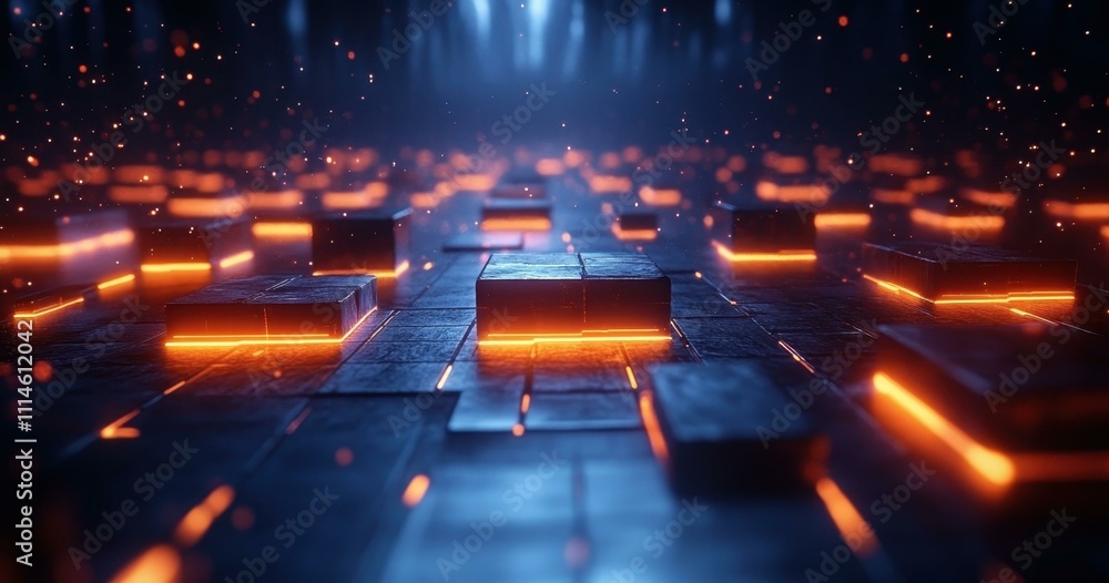 Poster a technological sophistication futuristic 3d artwork showcasing floating cubes and rectangular shape