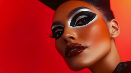 Obraz premium Stunning Close-Up Portrait of a Model with Bold Makeup and Dramatic Eye Artistry on a Vibrant Red Background