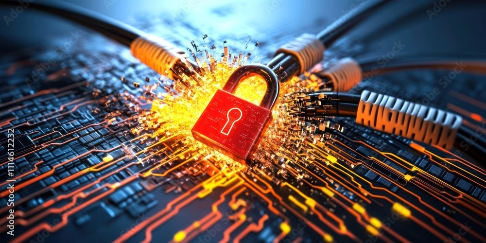 Poster Network Security Padlock Exploding Data Circuit Board