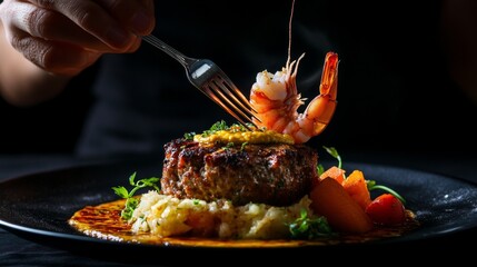 Gourmet surf and turf dish with steak and shrimp on elegant black plate