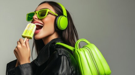 Trendy woman enjoying lime popsicle with green accessories