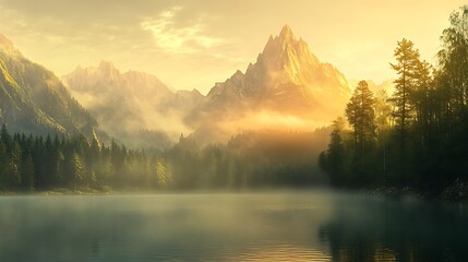 Majestic Mountain Lake Sunrise Golden Mist