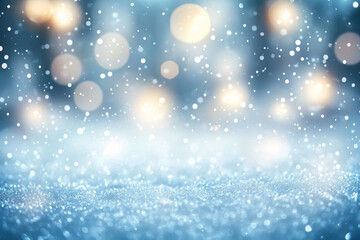 Fototapeta premium A serene bokeh background with falling snowflakes, ideal for winter-themed designs for Christmas and New Year celebrations, evoking a dreamy, tranquil atmosphere.
