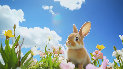 Cute furry rabbit sitting in a colorful flower field under a bright blue sky with fluffy white clouds, springtime nature scene, joyful and serene atmosphere