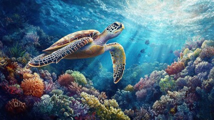 Fototapeta premium Sea Turtle Gracefully Navigating a Vibrant Coral Reef