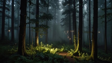 Obraz premium Enchanting foggy forest path illuminated by glowing orbs at night.