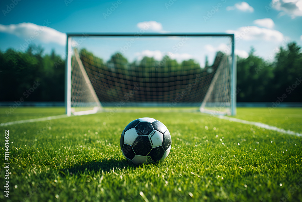 Wall mural Soccer ball on green field in front of goal net on sunny day