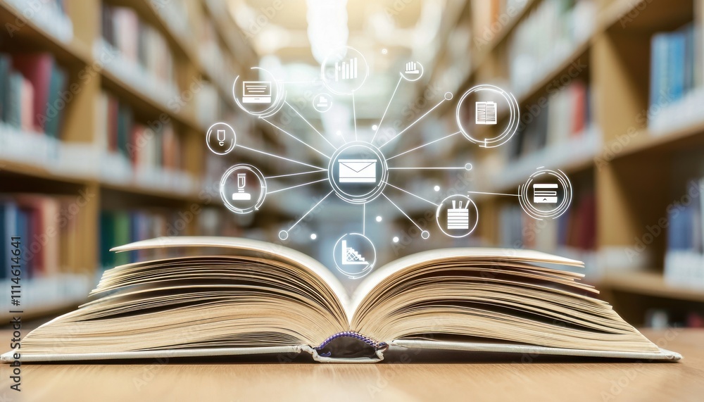 Poster Open Book with Digital Icons in a Library Setting