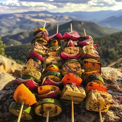 Grilled vegetable skewers on mountain peak.