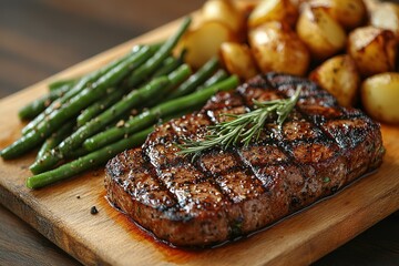 A steak is on a wooden cutting board with green beans and potatoes