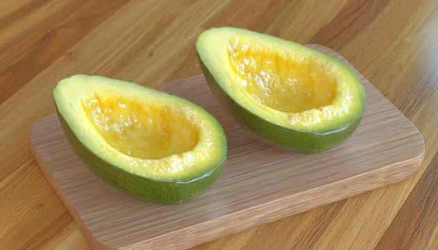Two Halved Avocados on a Wooden Cutting Board