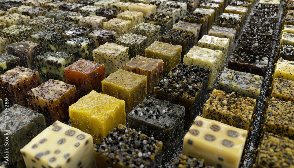 Aufkleber close-up of various colored cubes with inclusions