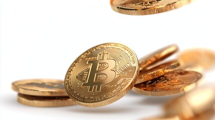 Digital Bitcoin Coins Piling and Falling on a Soft White Surface, Symbolizing Cryptocurrency Investment and Financial Technology Impact on Modern Economy
