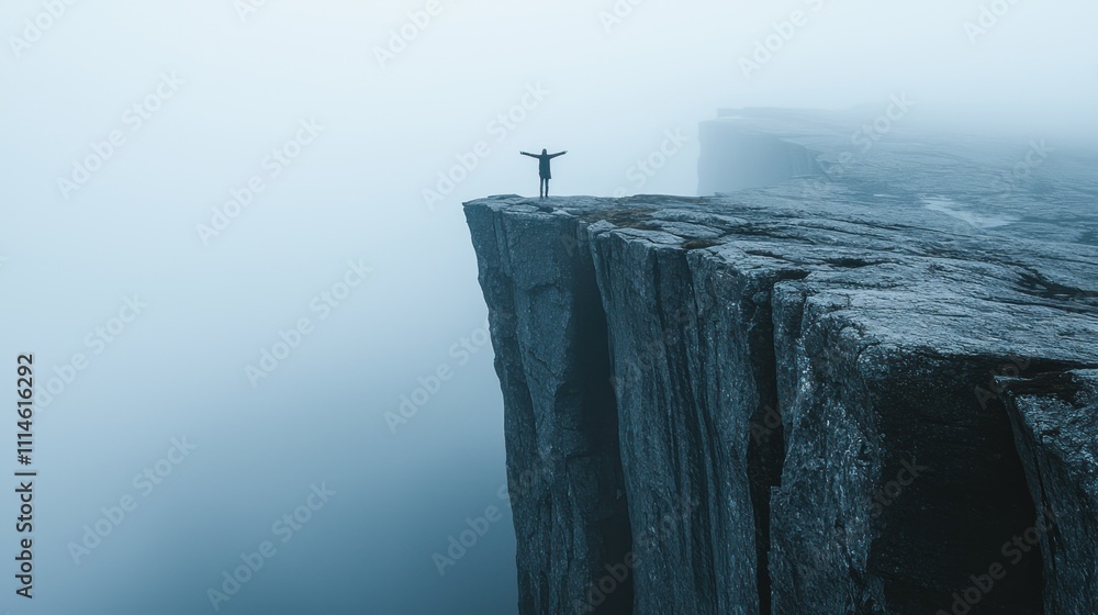 Aufkleber a solitary figure stands on a cliff edge with fog in the background