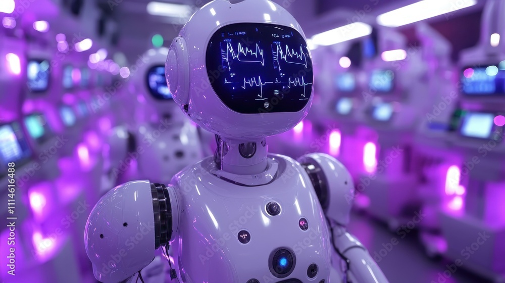 Aufkleber digital innovation lab. futuristic robot standing in high-tech laboratory with neon purple lighting 