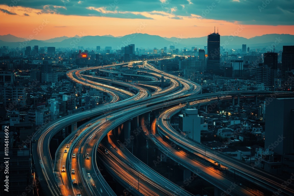 Poster Aerial view of a complex highway interchange at dusk with city skyline and mountain backdrop