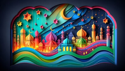 Obraz premium Colorful Mosques Under Night Sky With Stars And Crescent Moon