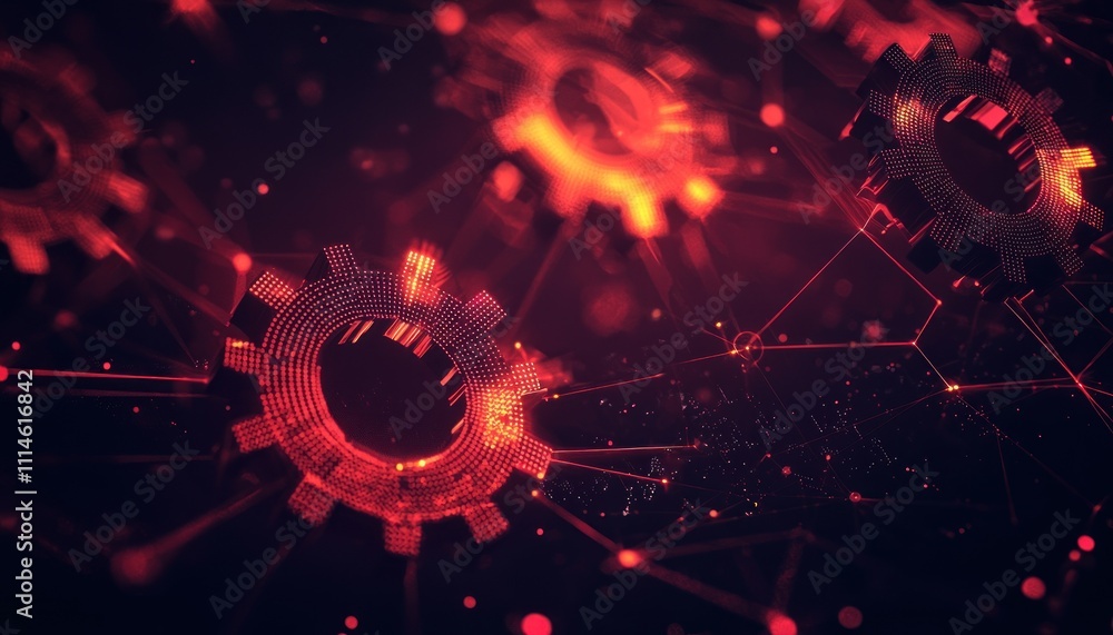 Poster Red Illuminated Cogs in a Networked Web