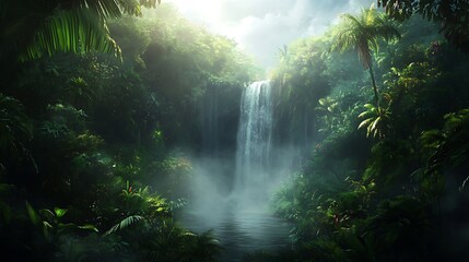 Naklejka premium Lush Tropical Waterfall Cascading Into Tranquil Pool