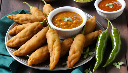 Golden fried mirchi bajji with large green chilies in crispy gram flour batter, served hot. Perfect snack for spice lovers, showcasing a crispy exterior and flavorful, spicy filling.