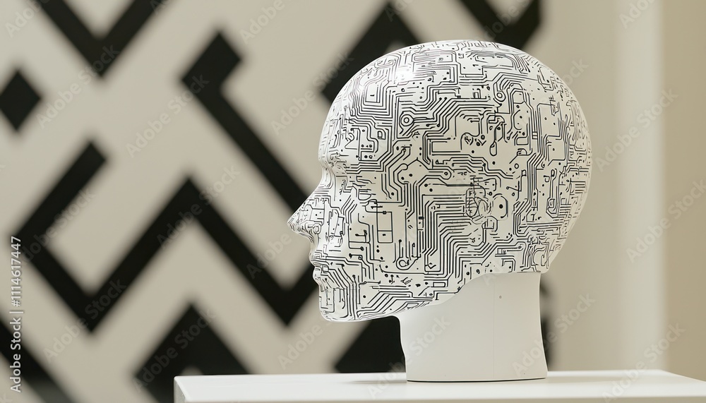 Poster white head sculpture with circuit board pattern