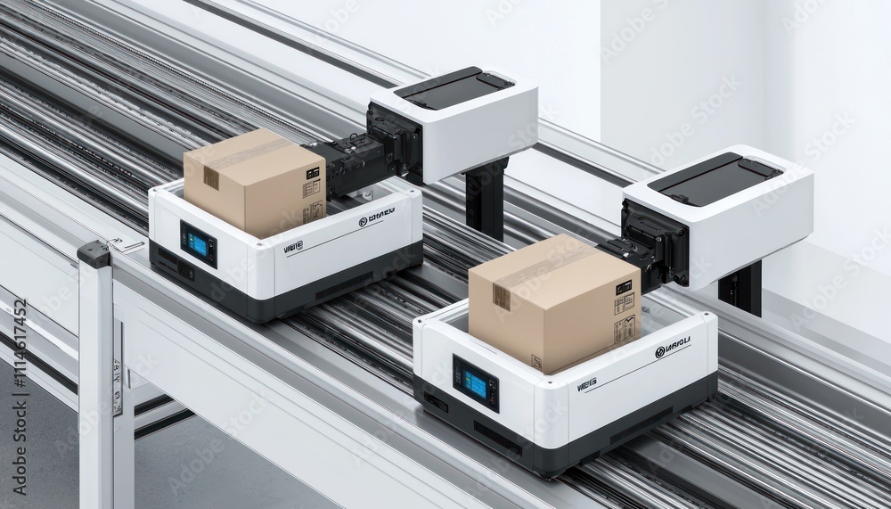 Poster Automated Conveyor System with Robotic Arms Moving Cardboard Boxes