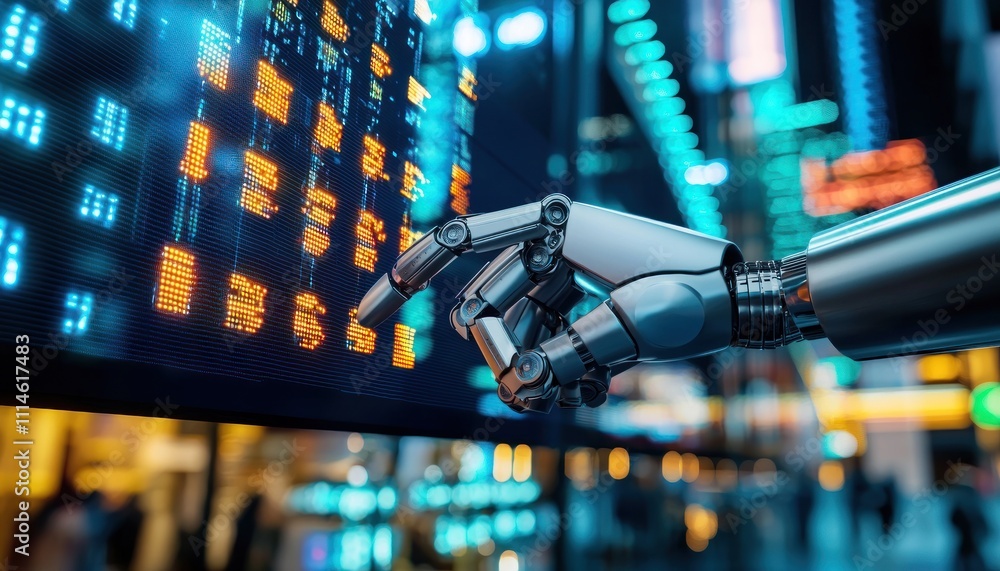 Aufkleber robotic hand interacting with a digital display in a futuristic cityscape