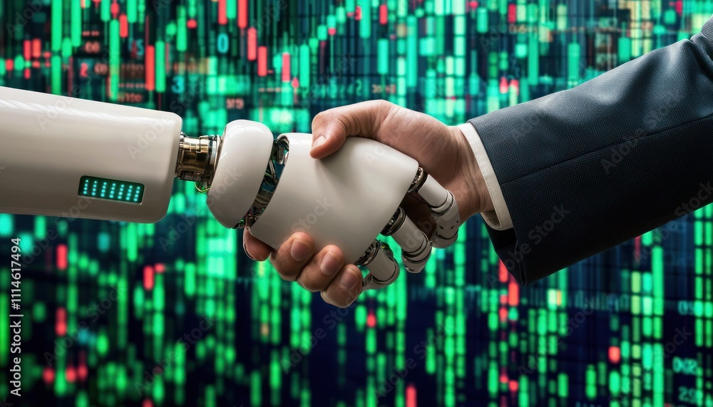 Poster human hand shaking a robotic hand in front of a stock market display