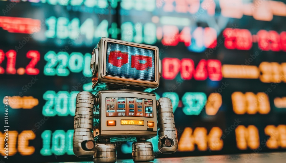 Aufkleber A silver robot with a screen displaying a red letter 