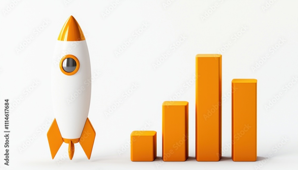 Poster orange rocket launching towards ascending bar graph