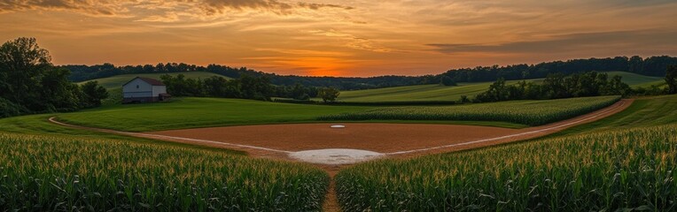 A breathtaking view of the Field of Dreams at sunset with cornfields surrounding the baseball diamond in Dyersville, Iowa