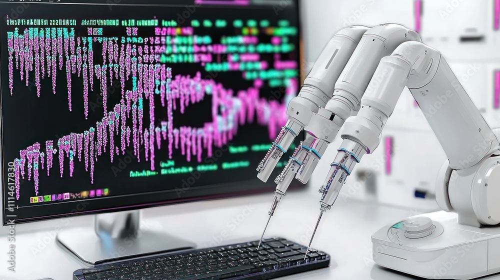 Aufkleber Robotic Arm with Syringes Over Computer Keyboard