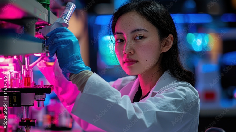 Poster a female scientist conducts experiments in a laboratory setting
