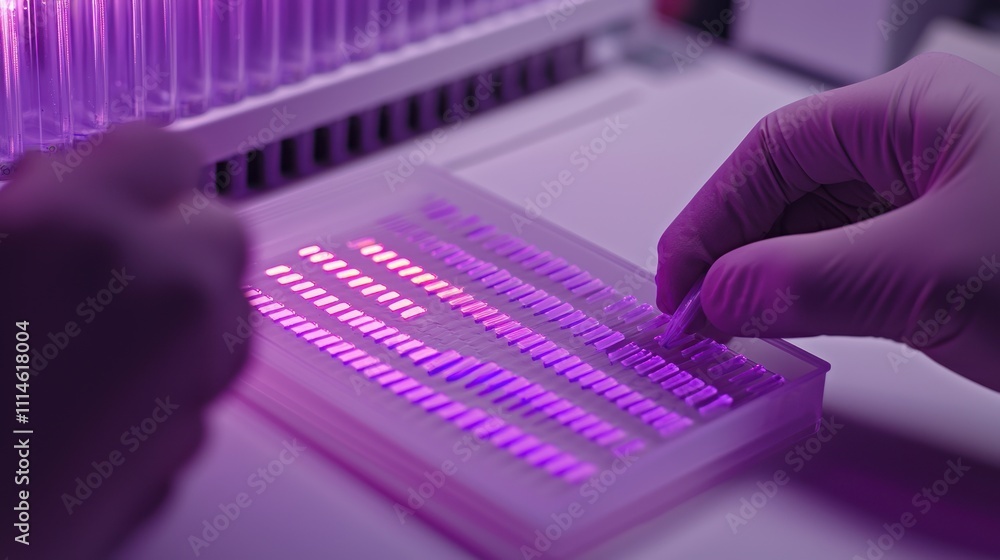 Aufkleber Close-up of a Gloved Hand Using a Pipette to Transfer Samples into a Microplate