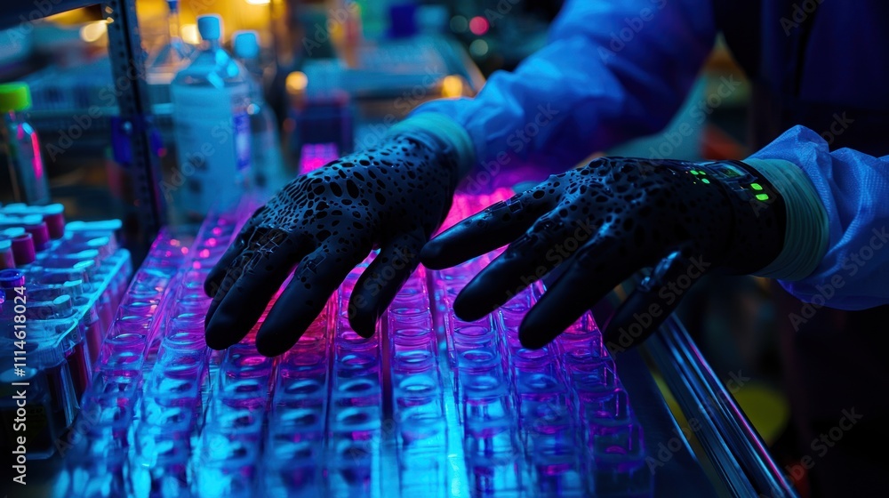 Poster gloved hands handling test tubes under neon lights in a laboratory