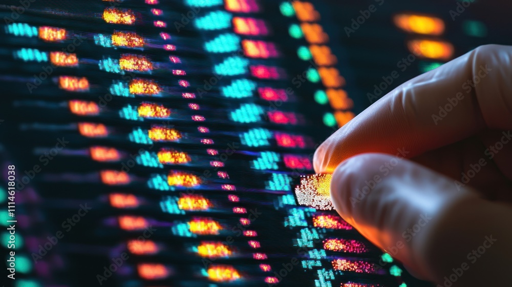 Poster Close-up of a Hand Interacting with a Digital Display Showing Data and Patterns