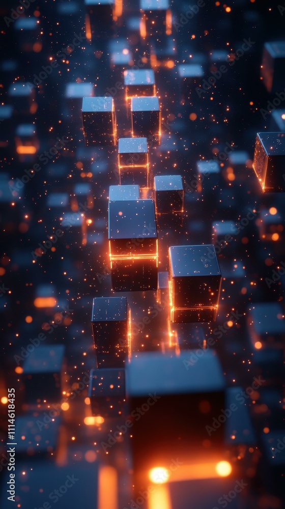 Poster the technological sophistication futuristic 3d artwork showcasing floating cubes and rectangular sha