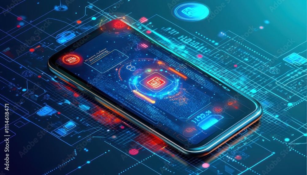 Poster Smartphone Displaying Futuristic Interface with Red and Blue Lights
