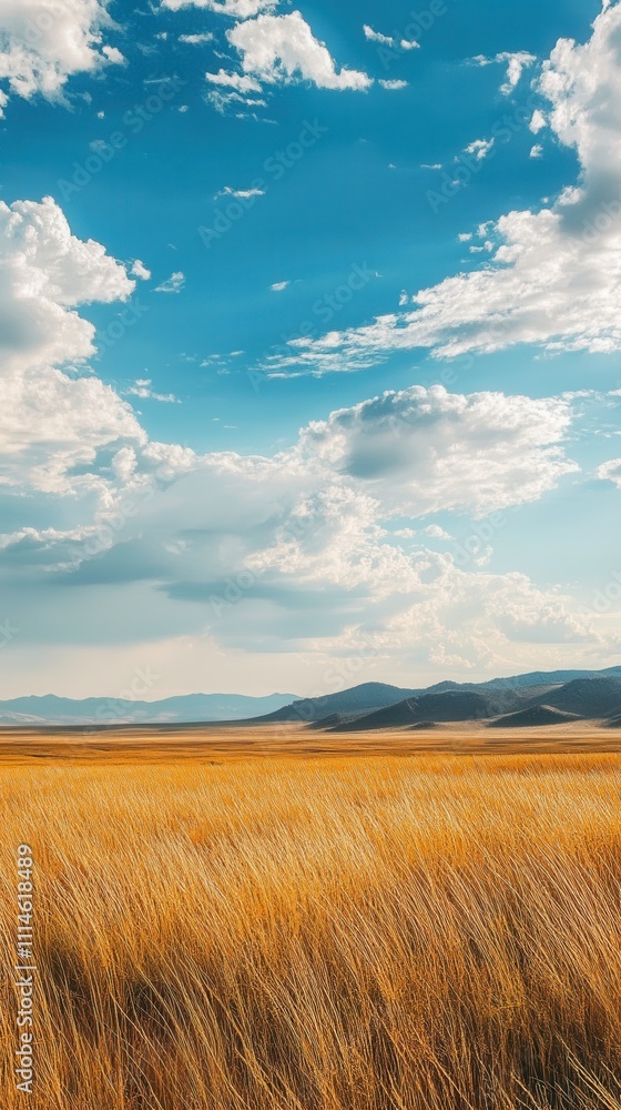 Poster a breathtaking panorama of rolling golden fields under a vast blue sky with fluffy clouds and distan