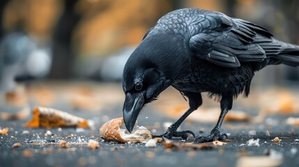 Obraz premium close-up of a crow eating a piece of bread