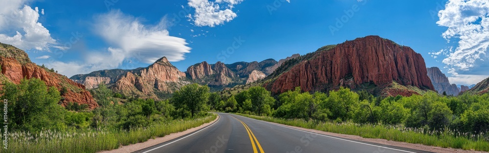 Poster a breathtaking panoramic view of a winding road through the vibrant red cliffs and lush greenery of 