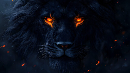 Close-Up of a Black Lion with Glowing Orange Eyes, Creating a Dramatic and Intense Atmosphere