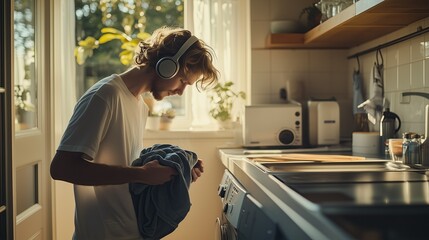 A man listens to an audiobook while doing household chores