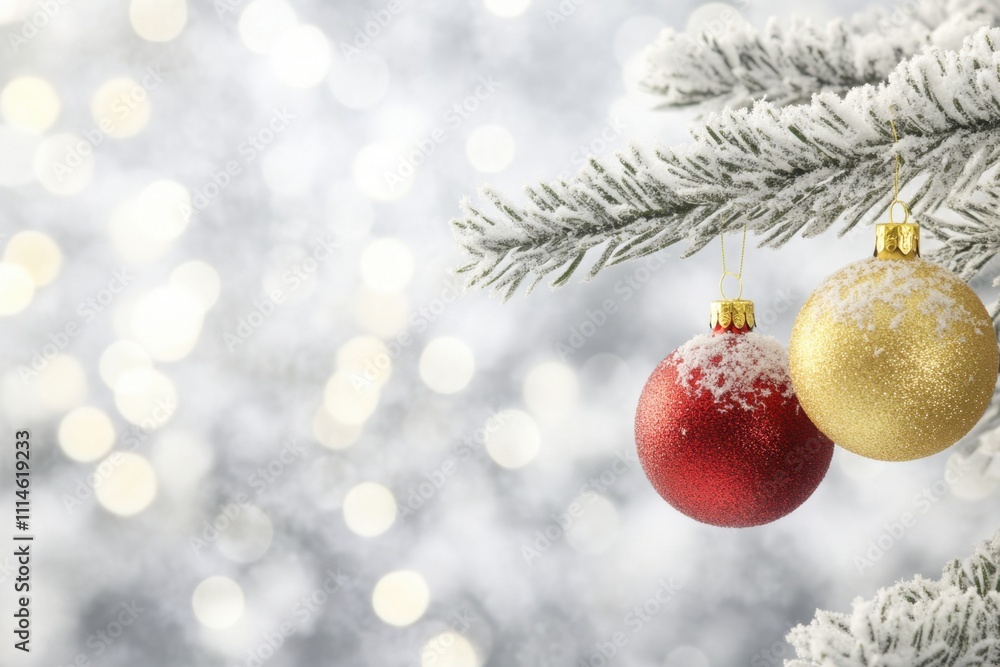 Aufkleber close-up of a christmas tree decoration with a bokeh background red and yellow ornaments hang on sno