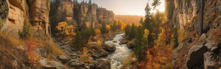 Obraz premium A breathtaking look at Spearfish Canyon's vibrant fall foliage and winding river during golden hour at dawn