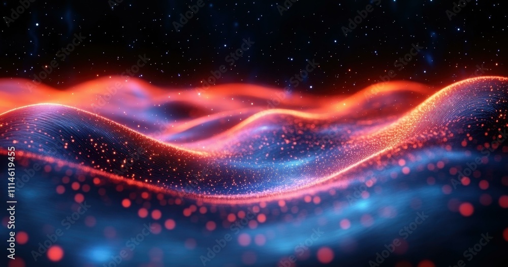 Poster a dominant hues futuristic landscape of flowing lines and glowing points creating a sense of depth a