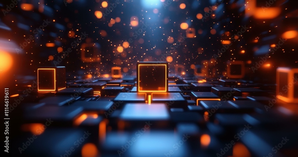 Poster neon tech innovation. futuristic glowing cubes technology concept with digital data flow abstract ba